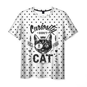 Мужская футболка 3D с принтом Curiosity Cat в Курске, 100% полиэфир | прямой крой, круглый вырез горловины, длина до линии бедер | Тематика изображения на принте: animal | beast | cat | feline | gangsta | kill | king | kitty | meow | nature | гангстер | животное | зверь | король | кот | котенок | котик | кошка | мяу | природа