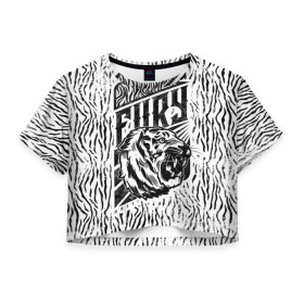 Женская футболка 3D укороченная с принтом Fury Tiger в Курске, 100% полиэстер | круглая горловина, длина футболки до линии талии, рукава с отворотами | 