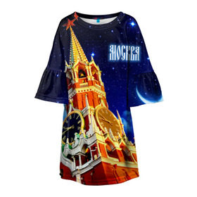Детское платье 3D с принтом Москва в Курске, 100% полиэстер | прямой силуэт, чуть расширенный к низу. Круглая горловина, на рукавах — воланы | кремль | небо | ночь