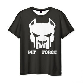 Мужская футболка 3D с принтом Pit Force в Курске, 100% полиэфир | прямой крой, круглый вырез горловины, длина до линии бедер | pit force | белый | боец | друг человека | животные | питбуль | порода | собака | цвет | чёрный