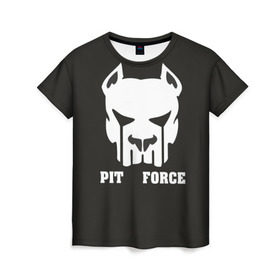 Женская футболка 3D с принтом Pit Force в Курске, 100% полиэфир ( синтетическое хлопкоподобное полотно) | прямой крой, круглый вырез горловины, длина до линии бедер | Тематика изображения на принте: pit force | белый | боец | друг человека | животные | питбуль | порода | собака | цвет | чёрный