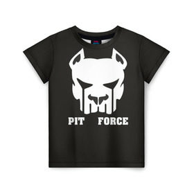 Детская футболка 3D с принтом Pit Force в Курске, 100% гипоаллергенный полиэфир | прямой крой, круглый вырез горловины, длина до линии бедер, чуть спущенное плечо, ткань немного тянется | pit force | белый | боец | друг человека | животные | питбуль | порода | собака | цвет | чёрный