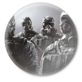Значок с принтом Tom Clancy Rainbow Six в Курске,  металл | круглая форма, металлическая застежка в виде булавки | clancy | rainbow | six | tom | автоматы | игры | маски | мужчины | осада | солдаты