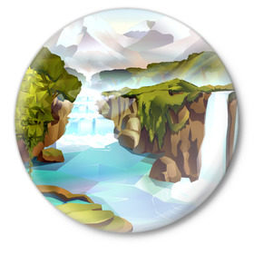 Значок с принтом Горная река в Курске,  металл | круглая форма, металлическая застежка в виде булавки | Тематика изображения на принте: пейзаж | яркий