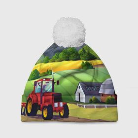 Шапка 3D c помпоном с принтом Farm в Курске, 100% полиэстер | универсальный размер, печать по всей поверхности изделия | красочный | пейзаж | яркий