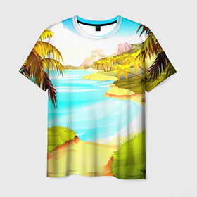 Мужская футболка 3D с принтом Тропический остров в Курске, 100% полиэфир | прямой крой, круглый вырез горловины, длина до линии бедер | jungle | деревья | джунгли | зелень | кусты | лес | лодки | мох | океан | пальмы | пляж | тропики | экзотика