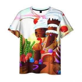 Мужская футболка 3D с принтом Candy Town в Курске, 100% полиэфир | прямой крой, круглый вырез горловины, длина до линии бедер | Тематика изображения на принте: конфеты | пирожные | сладости | яркий