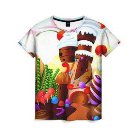 Женская футболка 3D с принтом Candy Town в Курске, 100% полиэфир ( синтетическое хлопкоподобное полотно) | прямой крой, круглый вырез горловины, длина до линии бедер | конфеты | пирожные | сладости | яркий