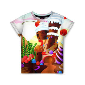 Детская футболка 3D с принтом Candy Town в Курске, 100% гипоаллергенный полиэфир | прямой крой, круглый вырез горловины, длина до линии бедер, чуть спущенное плечо, ткань немного тянется | конфеты | пирожные | сладости | яркий