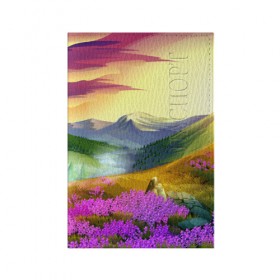 Обложка для паспорта матовая кожа с принтом Горный пейзаж в Курске, натуральная матовая кожа | размер 19,3 х 13,7 см; прозрачные пластиковые крепления | Тематика изображения на принте: пейзаж | яркий