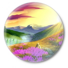 Значок с принтом Горный пейзаж в Курске,  металл | круглая форма, металлическая застежка в виде булавки | Тематика изображения на принте: пейзаж | яркий