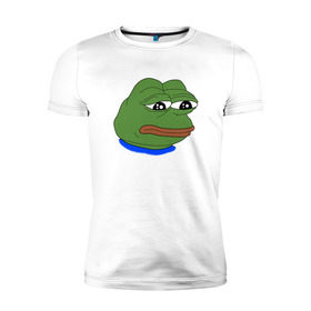 Мужская футболка премиум с принтом SAD FROG в Курске, 92% хлопок, 8% лайкра | приталенный силуэт, круглый вырез ворота, длина до линии бедра, короткий рукав | Тематика изображения на принте: meme | pepe frog | pepe the frog | sad frog | грустная лягушка | мем