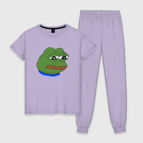 Женская пижама хлопок с принтом SAD FROG в Курске, 100% хлопок | брюки и футболка прямого кроя, без карманов, на брюках мягкая резинка на поясе и по низу штанин | meme | pepe frog | pepe the frog | sad frog | грустная лягушка | мем
