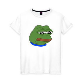Женская футболка хлопок с принтом SAD FROG в Курске, 100% хлопок | прямой крой, круглый вырез горловины, длина до линии бедер, слегка спущенное плечо | Тематика изображения на принте: meme | pepe frog | pepe the frog | sad frog | грустная лягушка | мем