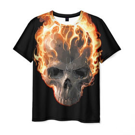Мужская футболка 3D с принтом Череп в огне в Курске, 100% полиэфир | прямой крой, круглый вырез горловины, длина до линии бедер | background | black | death | fire | flame | skeleton | skull | огонь | пламя | скелет | фон | череп | черный