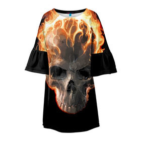 Детское платье 3D с принтом Череп в огне в Курске, 100% полиэстер | прямой силуэт, чуть расширенный к низу. Круглая горловина, на рукавах — воланы | Тематика изображения на принте: background | black | death | fire | flame | skeleton | skull | огонь | пламя | скелет | фон | череп | черный