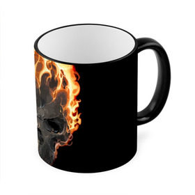 Кружка 3D с принтом Череп в огне в Курске, керамика | ёмкость 330 мл | background | black | death | fire | flame | skeleton | skull | огонь | пламя | скелет | фон | череп | черный