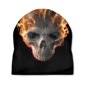 Шапка 3D с принтом Череп в огне в Курске, 100% полиэстер | универсальный размер, печать по всей поверхности изделия | background | black | death | fire | flame | skeleton | skull | огонь | пламя | скелет | фон | череп | черный
