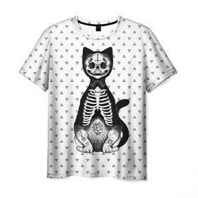 Мужская футболка 3D с принтом Готический кот в Курске, 100% полиэфир | прямой крой, круглый вырез горловины, длина до линии бедер | Тематика изображения на принте: bone | cat | death | feline | gothic | hipster | kitty | meow | skelet | skull | tatoo | готика | кости | кот | котенок | котик | кошка | мяу | скелет | тату | хипстер | череп