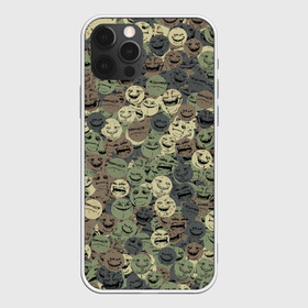 Чехол для iPhone 12 Pro с принтом Камуфляж со злыми смайлами в Курске, силикон | область печати: задняя сторона чехла, без боковых панелей | angry | evil | face | peke | smile | yoba | йоба | камуфляж | мем | милитари | пека | смайл | смайлик | хаки
