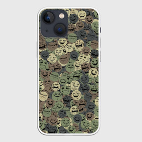 Чехол для iPhone 13 mini с принтом Камуфляж со злыми смайлами в Курске,  |  | angry | evil | face | peke | smile | yoba | йоба | камуфляж | мем | милитари | пека | смайл | смайлик | хаки