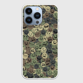 Чехол для iPhone 13 Pro с принтом Камуфляж со злыми смайлами в Курске,  |  | angry | evil | face | peke | smile | yoba | йоба | камуфляж | мем | милитари | пека | смайл | смайлик | хаки