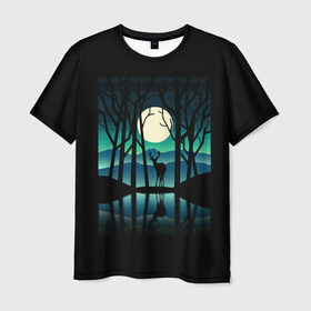 Мужская футболка 3D с принтом Ночная природа в Курске, 100% полиэфир | прямой крой, круглый вырез горловины, длина до линии бедер | Тематика изображения на принте: forest | lake | moon | nature | night | star | wood | звезды | лес | луна | ночь | озеро | природа