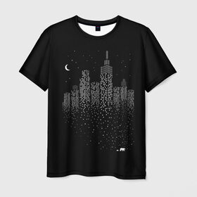 Мужская футболка 3D с принтом Ночной город в Курске, 100% полиэфир | прямой крой, круглый вырез горловины, длина до линии бедер | city | dark | galaxy | moon | night | planet | space | town | галактика | город | звезды | космос | луна | ночь | свет | столица | тьма