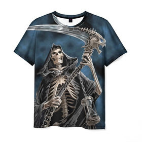 Мужская футболка 3D с принтом Скелетон в Курске, 100% полиэфир | прямой крой, круглый вырез горловины, длина до линии бедер | death | skeleton | skull | капюшон | коса | скелет | череп