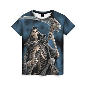 Женская футболка 3D с принтом Скелетон в Курске, 100% полиэфир ( синтетическое хлопкоподобное полотно) | прямой крой, круглый вырез горловины, длина до линии бедер | death | skeleton | skull | капюшон | коса | скелет | череп