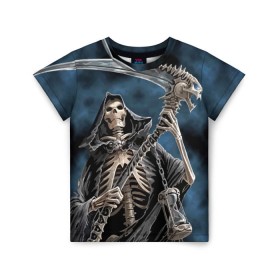 Детская футболка 3D с принтом Скелетон в Курске, 100% гипоаллергенный полиэфир | прямой крой, круглый вырез горловины, длина до линии бедер, чуть спущенное плечо, ткань немного тянется | Тематика изображения на принте: death | skeleton | skull | капюшон | коса | скелет | череп