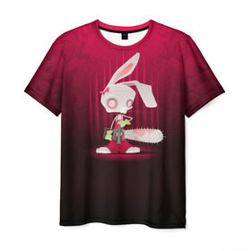 Мужская футболка 3D с принтом Заяц с бензопилой в Курске, 100% полиэфир | прямой крой, круглый вырез горловины, длина до линии бедер | бензопила | девушке | зайка | заяц | красная | мульт | мультфильм | прикол | ужас | цветы