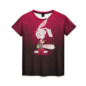 Женская футболка 3D с принтом Заяц с бензопилой в Курске, 100% полиэфир ( синтетическое хлопкоподобное полотно) | прямой крой, круглый вырез горловины, длина до линии бедер | бензопила | девушке | зайка | заяц | красная | мульт | мультфильм | прикол | ужас | цветы