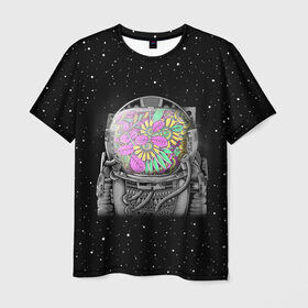 Мужская футболка 3D с принтом Цветочный астонавт в Курске, 100% полиэфир | прямой крой, круглый вырез горловины, длина до линии бедер | astronaut | cosmonaut | cosmos | galaxy | planet | space | star | астронавт | галактика | звезды | космонавт | космос | планета | скафандр | цветы