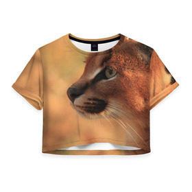 Женская футболка 3D укороченная с принтом Рысь в Курске, 100% полиэстер | круглая горловина, длина футболки до линии талии, рукава с отворотами | амурский | животные | киса | кот | котенок | кошка | пума | рысь | серый | тигр | хищник
