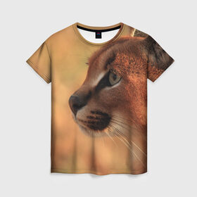 Женская футболка 3D с принтом Рысь в Курске, 100% полиэфир ( синтетическое хлопкоподобное полотно) | прямой крой, круглый вырез горловины, длина до линии бедер | амурский | животные | киса | кот | котенок | кошка | пума | рысь | серый | тигр | хищник