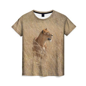 Женская футболка 3D с принтом Львица в траве в Курске, 100% полиэфир ( синтетическое хлопкоподобное полотно) | прямой крой, круглый вырез горловины, длина до линии бедер | амурский | животные | киса | кот | котенок | кошка | лев | львица | пума | рысь | серый | тигр | хищник