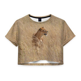 Женская футболка 3D укороченная с принтом Львица в траве в Курске, 100% полиэстер | круглая горловина, длина футболки до линии талии, рукава с отворотами | амурский | животные | киса | кот | котенок | кошка | лев | львица | пума | рысь | серый | тигр | хищник