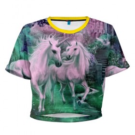 Женская футболка 3D укороченная с принтом Единорог в Курске, 100% полиэстер | круглая горловина, длина футболки до линии талии, рукава с отворотами | единорог | лошадь | сказка | фантастика