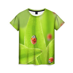 Женская футболка 3D с принтом Жучки на травке в Курске, 100% полиэфир ( синтетическое хлопкоподобное полотно) | прямой крой, круглый вырез горловины, длина до линии бедер | жук | зеленый | зелень | красный | насекомые | природа