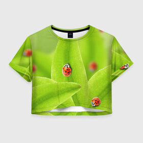 Женская футболка 3D укороченная с принтом Жучки на травке в Курске, 100% полиэстер | круглая горловина, длина футболки до линии талии, рукава с отворотами | жук | зеленый | зелень | красный | насекомые | природа