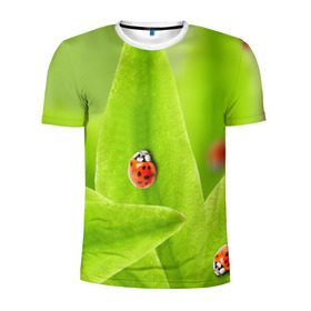 Мужская футболка 3D спортивная с принтом Жучки на травке в Курске, 100% полиэстер с улучшенными характеристиками | приталенный силуэт, круглая горловина, широкие плечи, сужается к линии бедра | жук | зеленый | зелень | красный | насекомые | природа