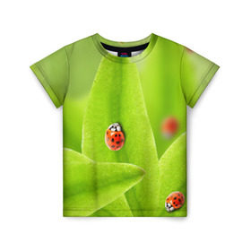 Детская футболка 3D с принтом Жучки на травке в Курске, 100% гипоаллергенный полиэфир | прямой крой, круглый вырез горловины, длина до линии бедер, чуть спущенное плечо, ткань немного тянется | жук | зеленый | зелень | красный | насекомые | природа