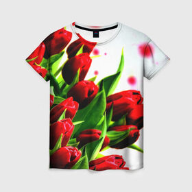 Женская футболка 3D с принтом Тюльпаны в Курске, 100% полиэфир ( синтетическое хлопкоподобное полотно) | прямой крой, круглый вырез горловины, длина до линии бедер | flower | букет | весна | красные | цветочки | цветы