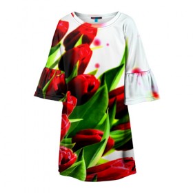 Детское платье 3D с принтом Тюльпаны в Курске, 100% полиэстер | прямой силуэт, чуть расширенный к низу. Круглая горловина, на рукавах — воланы | flower | букет | весна | красные | цветочки | цветы