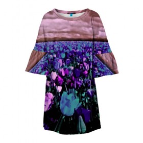 Детское платье 3D с принтом Поле тюльпанов в Курске, 100% полиэстер | прямой силуэт, чуть расширенный к низу. Круглая горловина, на рукавах — воланы | Тематика изображения на принте: flower | весна | поле | полевой цветок | природа | цветочки | цветы