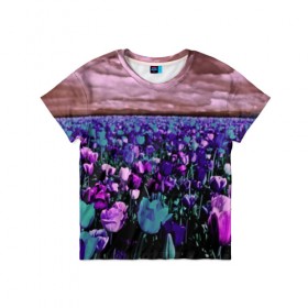 Детская футболка 3D с принтом Поле тюльпанов в Курске, 100% гипоаллергенный полиэфир | прямой крой, круглый вырез горловины, длина до линии бедер, чуть спущенное плечо, ткань немного тянется | Тематика изображения на принте: flower | весна | поле | полевой цветок | природа | цветочки | цветы