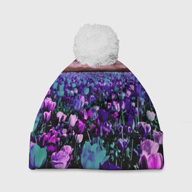Шапка 3D c помпоном с принтом Поле тюльпанов в Курске, 100% полиэстер | универсальный размер, печать по всей поверхности изделия | flower | весна | поле | полевой цветок | природа | цветочки | цветы