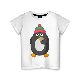 Детская футболка хлопок с принтом Пингвин с мороженым в Курске, 100% хлопок | круглый вырез горловины, полуприлегающий силуэт, длина до линии бедер | животные | милые животные | мороженое | пингвин | прикольные животные
