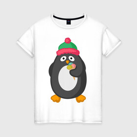 Женская футболка хлопок с принтом Пингвин с мороженым в Курске, 100% хлопок | прямой крой, круглый вырез горловины, длина до линии бедер, слегка спущенное плечо | животные | милые животные | мороженое | пингвин | прикольные животные